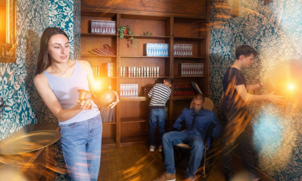A group of friends solving a puzzle in an escape room.